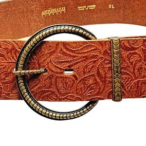 ANTONIAZZI Firenze Brown Tooled Leather‎ Wide Waist Belt